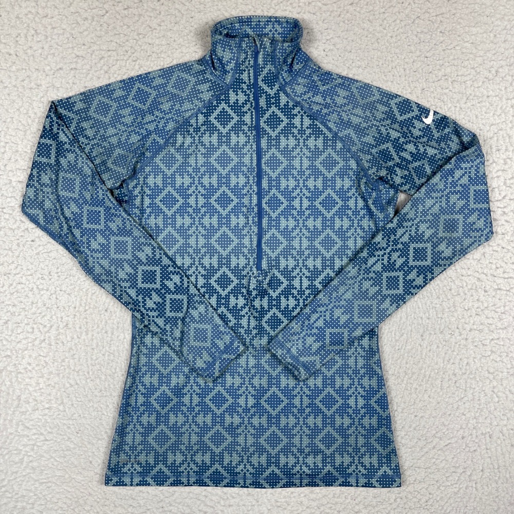 Nike Pro Quarter Zip Pullover‎ Women Medium Blue Geometric Dot Athletic Top